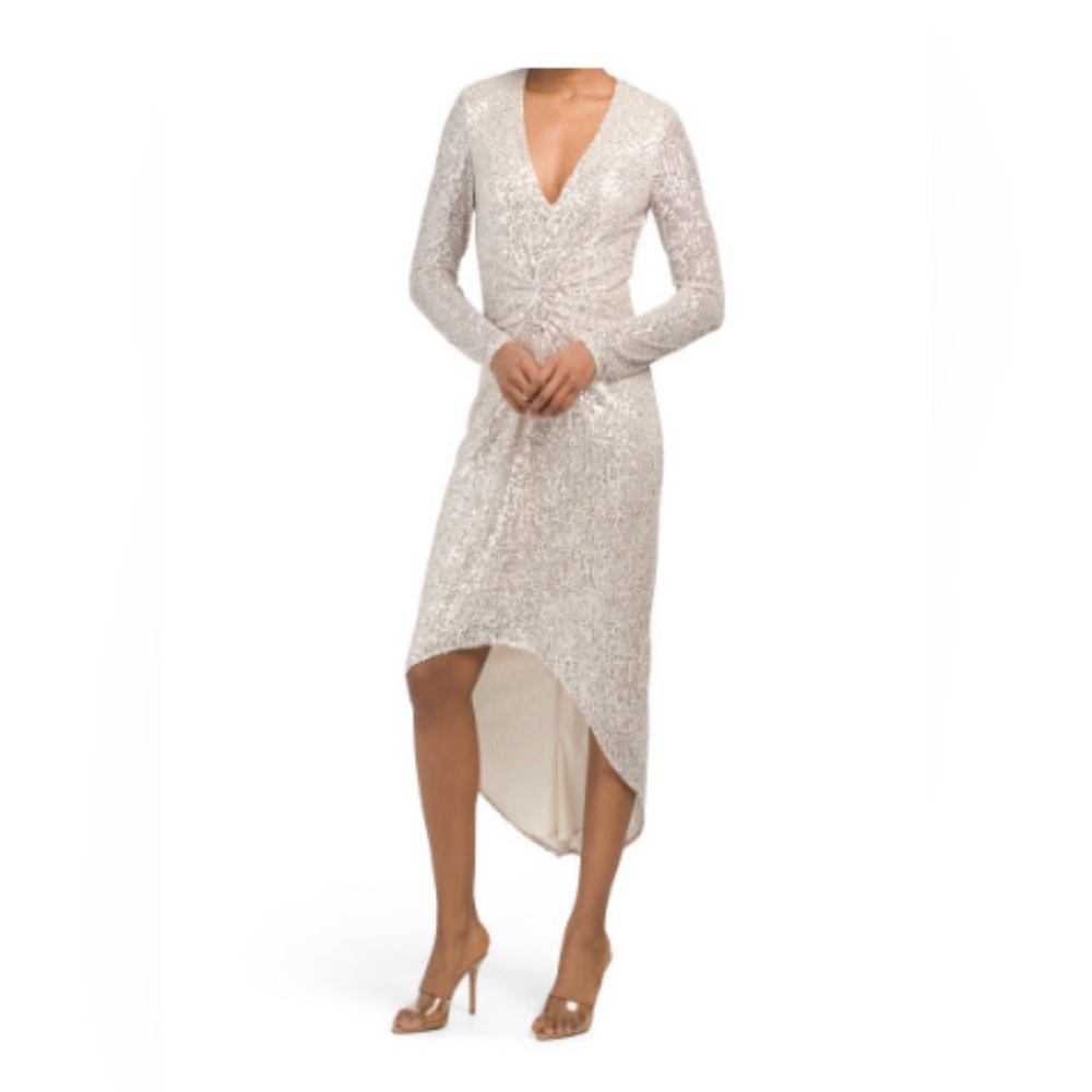 Mac Duggal Leena Silver/Nude Long Sleeve Twist Front Cocktail Dress